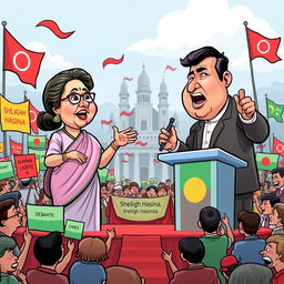 A stylized political cartoon depicting a fictional debate between two prominent political figures, one representing Sheikh Hasina and the other representing a strong opposing leader