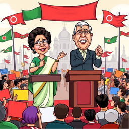 A stylized political cartoon depicting a fictional debate between two prominent political figures, one representing Sheikh Hasina and the other representing a strong opposing leader