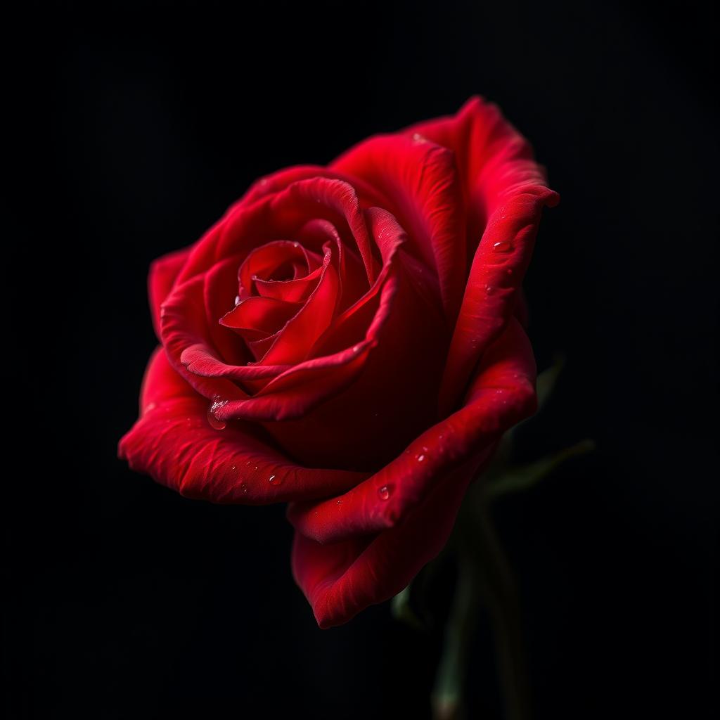 A single, beautifully detailed rose with deep crimson petals that appear slightly wilted and soggy, as if soaked in blood, symbolizing the pain and agony associated with love