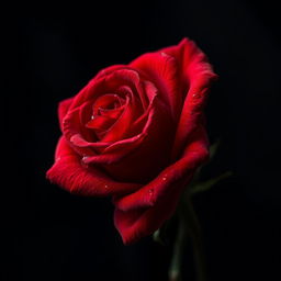 A single, beautifully detailed rose with deep crimson petals that appear slightly wilted and soggy, as if soaked in blood, symbolizing the pain and agony associated with love