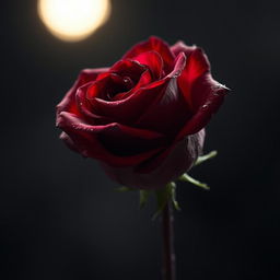 A single, beautifully detailed rose with deep crimson petals that appear slightly wilted and soggy, as if soaked in blood, symbolizing the pain and agony associated with love