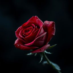 A single, beautifully detailed rose with deep crimson petals that appear slightly wilted and soggy, as if soaked in blood, symbolizing the pain and agony associated with love
