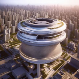 aerial view of futuristic high-rise Police headquarters with helipad in city center in broad daylight based on https://files.dreamhome.software/files/static/36651