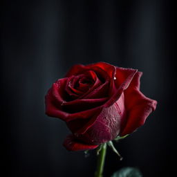 A single, beautifully detailed rose with deep crimson petals that appear slightly wilted and soggy, as if soaked in blood, symbolizing the pain and agony associated with love