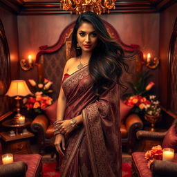 A luxurious, elegantly decorated private room, with rich, traditional Indian decor and soft, ambient lighting
