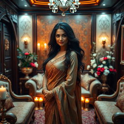 A luxurious, elegantly decorated private room, with rich, traditional Indian decor and soft, ambient lighting