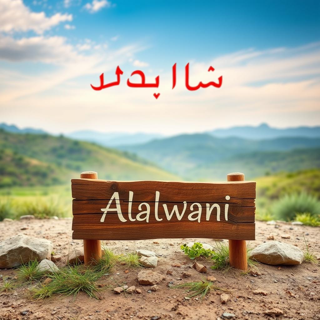 An artistic design that expresses a traditional character, featuring a natural landscape background with an open sky, a ground covered with a bit of grass and some rocks