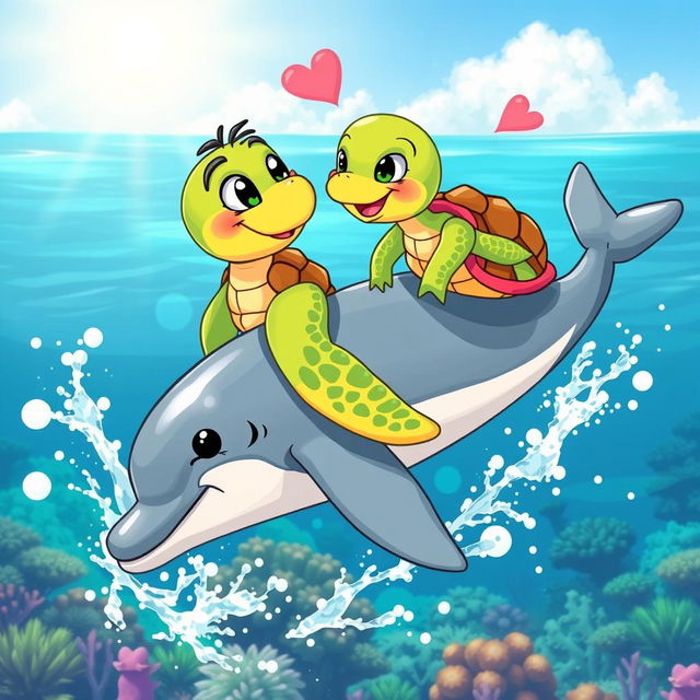 A whimsical and vibrant scene depicting a cartoon-style male turtle in a charming expression, gazing adoringly at a female turtle as they joyfully ride on the back of a playful dolphin