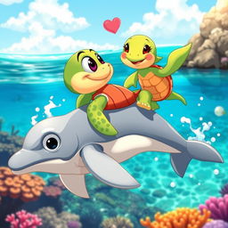 A whimsical and vibrant scene depicting a cartoon-style male turtle in a charming expression, gazing adoringly at a female turtle as they joyfully ride on the back of a playful dolphin
