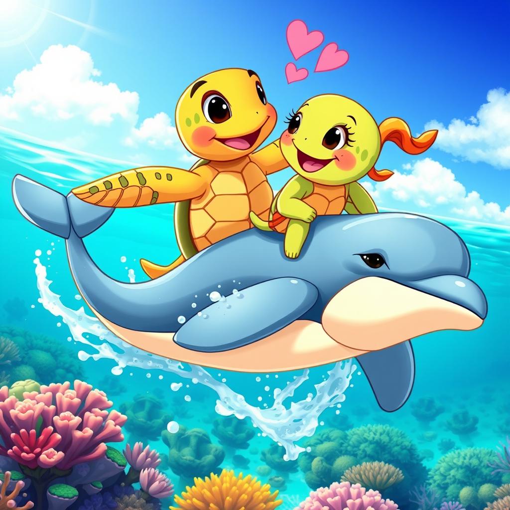 A whimsical and vibrant scene depicting a cartoon-style male turtle in a charming expression, gazing adoringly at a female turtle as they joyfully ride on the back of a playful dolphin
