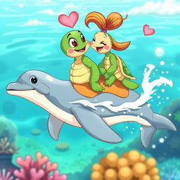 A whimsical and vibrant scene depicting a cartoon-style male turtle in a charming expression, gazing adoringly at a female turtle as they joyfully ride on the back of a playful dolphin
