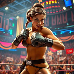 A powerful and striking scene featuring a strong female figure dressed as Princess Leia, wearing the iconic slave bikini, in a dynamic boxing pose
