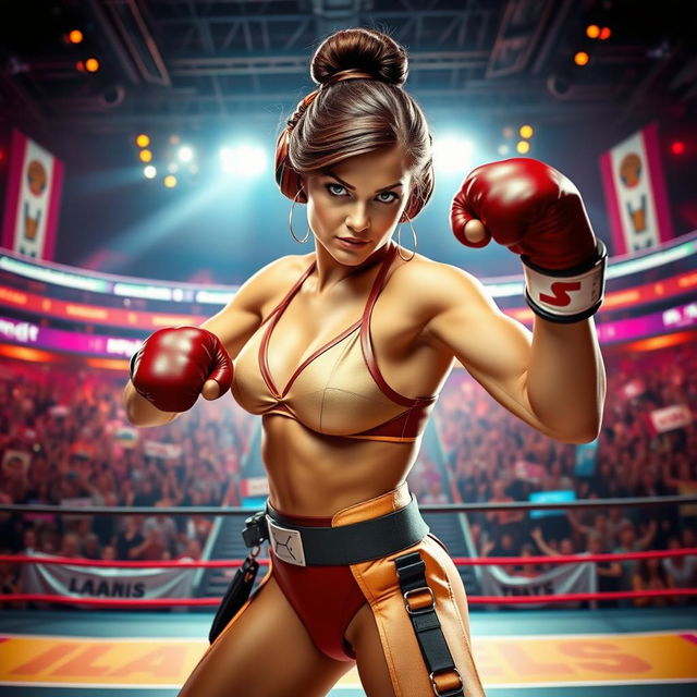 A powerful and striking scene featuring a strong female figure dressed as Princess Leia, wearing the iconic slave bikini, in a dynamic boxing pose