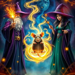 A captivating scene of a wizard and a witch standing side by side in a mystical setting, both casting a spell with their wands