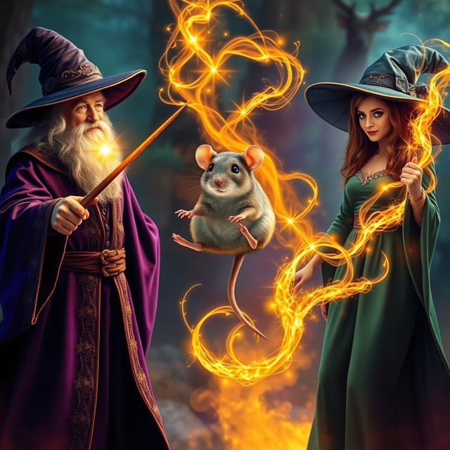 A captivating scene of a wizard and a witch standing side by side in a mystical setting, both casting a spell with their wands