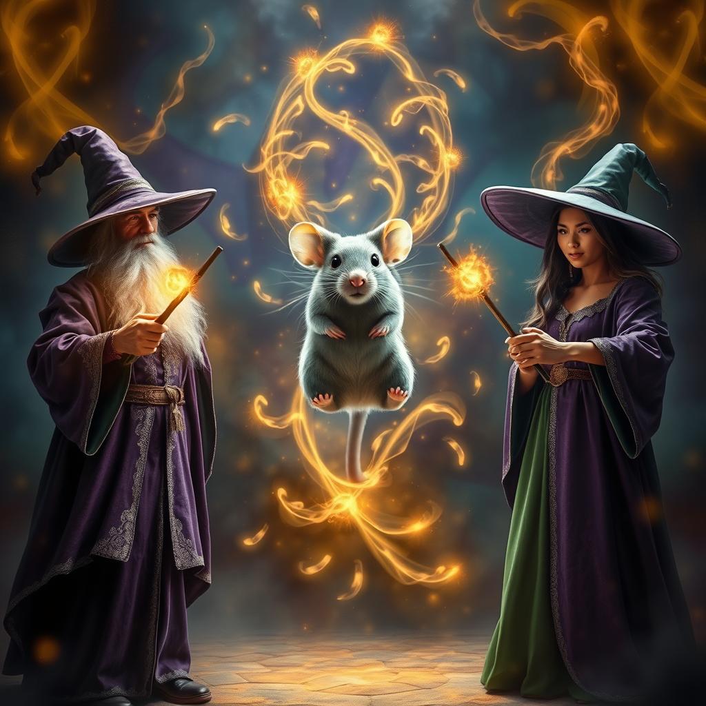 A captivating scene of a wizard and a witch standing side by side in a mystical setting, both casting a spell with their wands