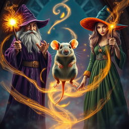 A captivating scene of a wizard and a witch standing side by side in a mystical setting, both casting a spell with their wands