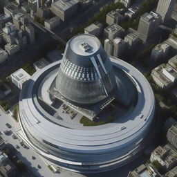 aerial view of futuristic high-rise Police headquarters with helipad in city center in broad daylight based on https://files.dreamhome.software/files/static/36651