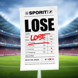 An artistic representation of a sports betting betting slip, prominently featuring bold text indicating a loss in the lines of the bet