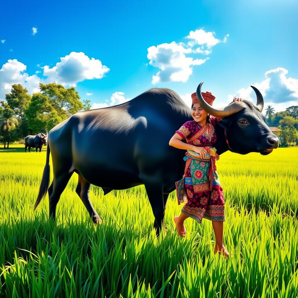 A vibrant and colorful scene depicting a person wearing traditional Indonesian 'pangsit' attire, walking alongside a kerbau (buffalo)