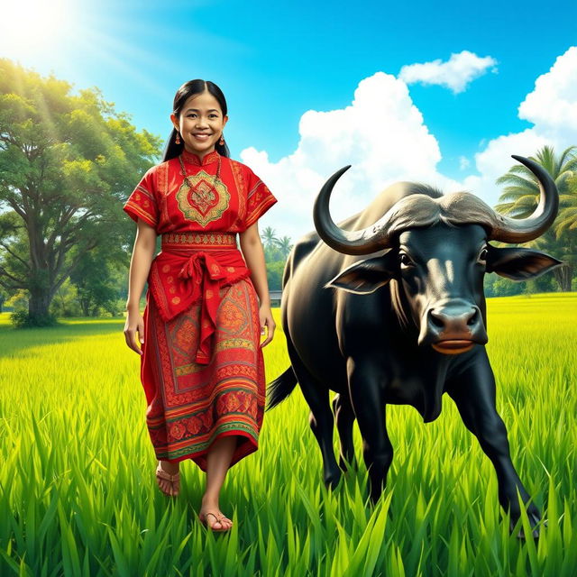 A vibrant and colorful scene depicting a person wearing traditional Indonesian 'pangsit' attire, walking alongside a kerbau (buffalo)