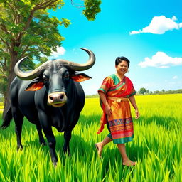 A vibrant and colorful scene depicting a person wearing traditional Indonesian 'pangsit' attire, walking alongside a kerbau (buffalo)