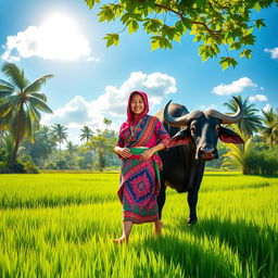 A vibrant and colorful scene depicting a person wearing traditional Indonesian 'pangsit' attire, walking alongside a kerbau (buffalo)