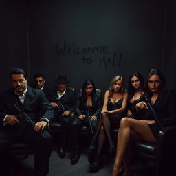 A dark, atmospheric room filled with armed mafia men sitting in chairs, exuding a sense of power and menace