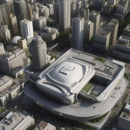 aerial view of futuristic high-rise Police headquarters with helipad in city center in broad daylight based on https://files.dreamhome.software/files/static/36651