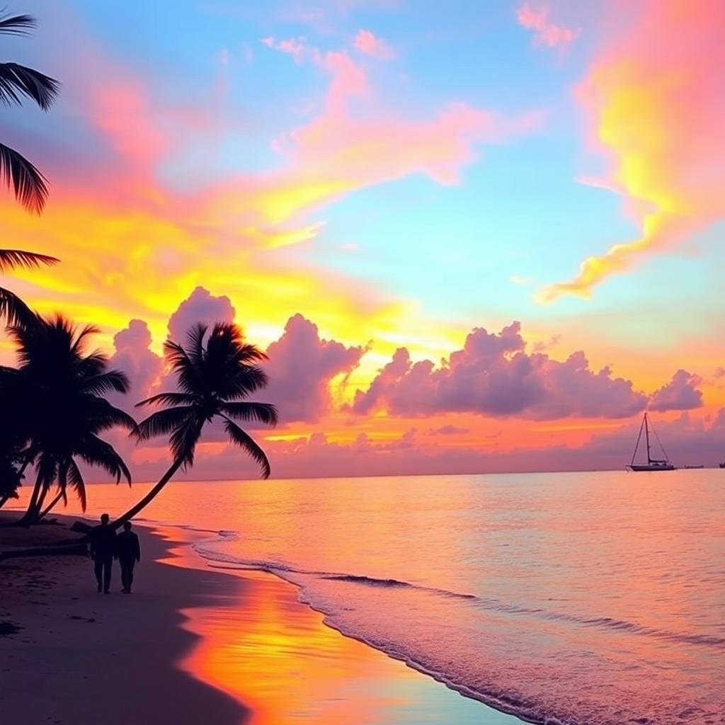 A stunning sunset over a tranquil beach, with vibrant orange and pink hues painting the sky