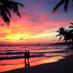 A stunning sunset over a tranquil beach, with vibrant orange and pink hues painting the sky