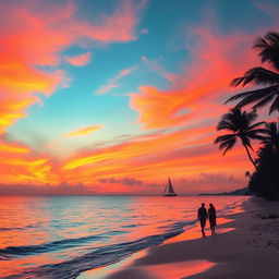 A stunning sunset over a tranquil beach, with vibrant orange and pink hues painting the sky