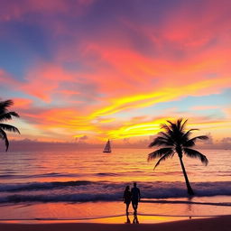 A stunning sunset over a tranquil beach, with vibrant orange and pink hues painting the sky