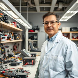 A portrait of an electrical engineer in a modern laboratory setting