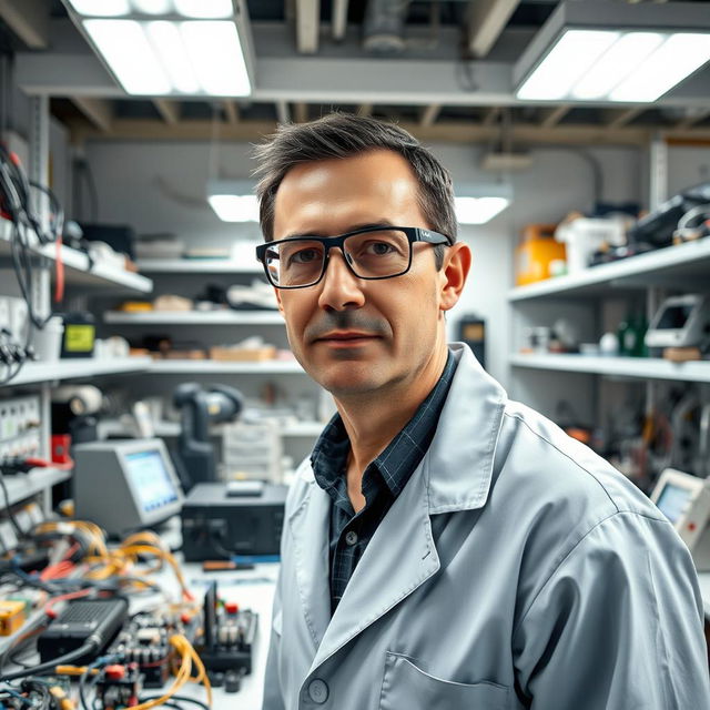 A portrait of an electrical engineer in a modern laboratory setting