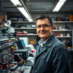 A portrait of an electrical engineer in a modern laboratory setting