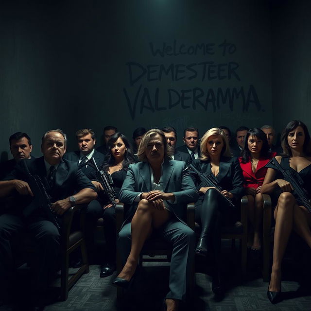 A dark, atmospheric room filled with armed mafia men sitting in chairs, each exuding an aura of power and intimidation