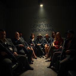 A dark, atmospheric room filled with armed mafia men sitting in chairs, each exuding an aura of power and intimidation