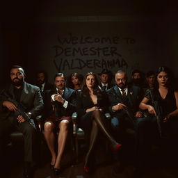 A dark, atmospheric room filled with armed mafia men sitting in chairs, each exuding an aura of power and intimidation