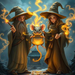 A vivid scene featuring a light caramel-colored wizard and a caramel-colored witch standing side by side in a mystical environment