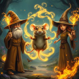A vivid scene featuring a light caramel-colored wizard and a caramel-colored witch standing side by side in a mystical environment