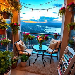 A beautifully decorated balcony overlooking a scenic view, featuring lush green plants and colorful flowers in hanging pots and planters