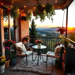 A beautifully decorated balcony overlooking a scenic view, featuring lush green plants and colorful flowers in hanging pots and planters