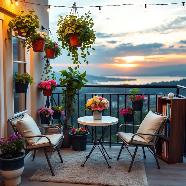 A beautifully decorated balcony overlooking a scenic view, featuring lush green plants and colorful flowers in hanging pots and planters