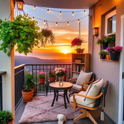 A beautifully decorated balcony overlooking a scenic view, featuring lush green plants and colorful flowers in hanging pots and planters