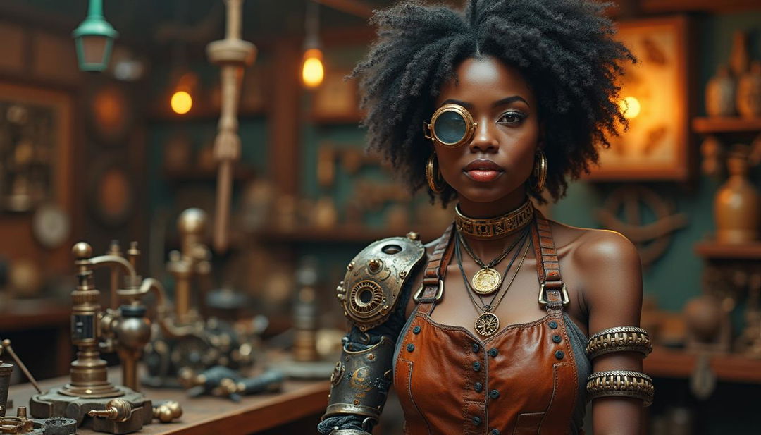 A young, confident black woman with a sexy mechanic aesthetic, featuring a prosthetic arm made of intricate gears and polished copper