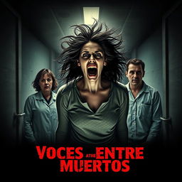 A chilling movie poster for a horror film titled 'Voces Entre Muertos'