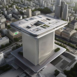 aerial view of futuristic high-rise Police headquarters with helipad in city center in broad daylight based on https://files.dreamhome.software/files/static/36651