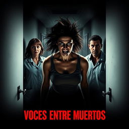 A chilling movie poster for a horror film titled 'Voces Entre Muertos'