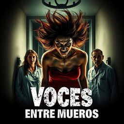 A chilling movie poster for a horror film titled 'Voces Entre Muertos'